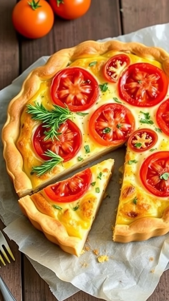 A golden brown tomato and cheese quiche with sliced tomatoes on top, garnished with herbs, on a wooden table.